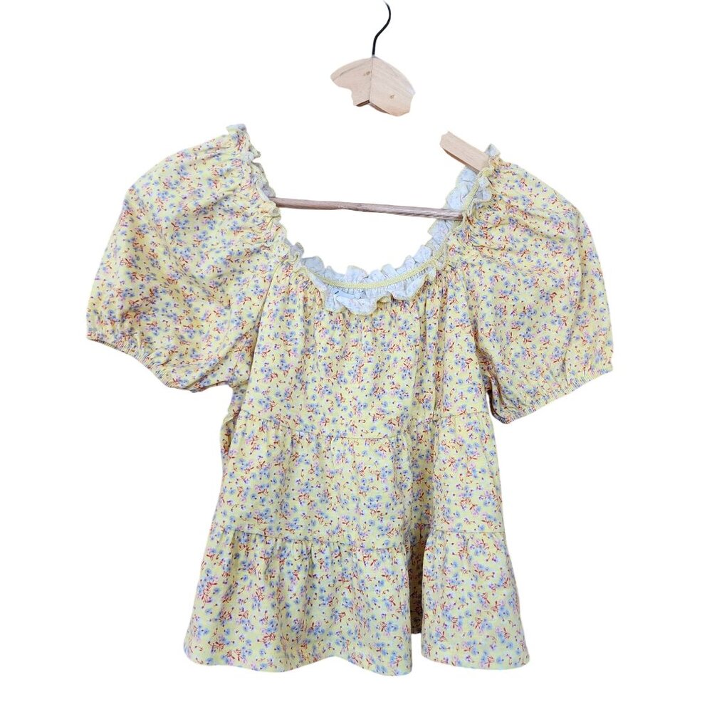 Love Fire XS Yellow Floral Ruffle Peasant Top With Puff Sleeves Women’s Blouse N